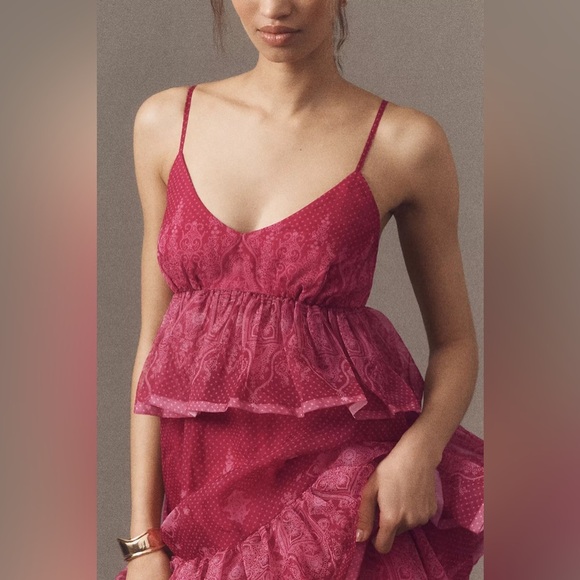 NWT Anthropologie Let Me Be Sleeveless Sheer Tiered Pink Layered Midi Dress M - Picture 12 of 14